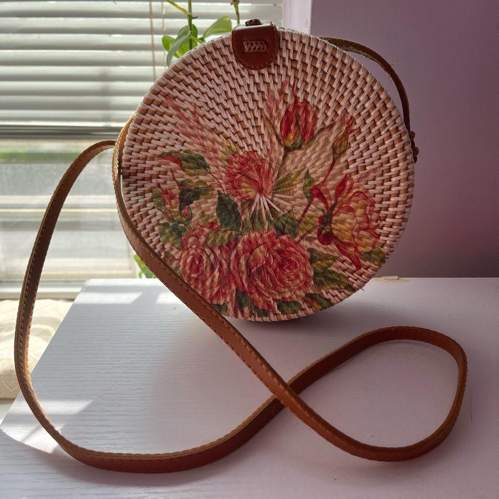 Boho Rattan Bag with Leather Strap